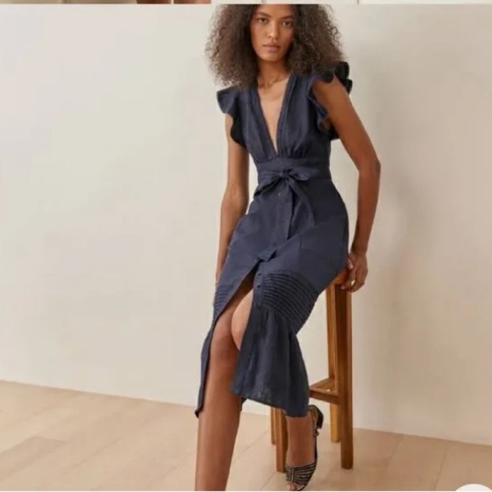 The Reformation Lili Linen Dress Navy 6